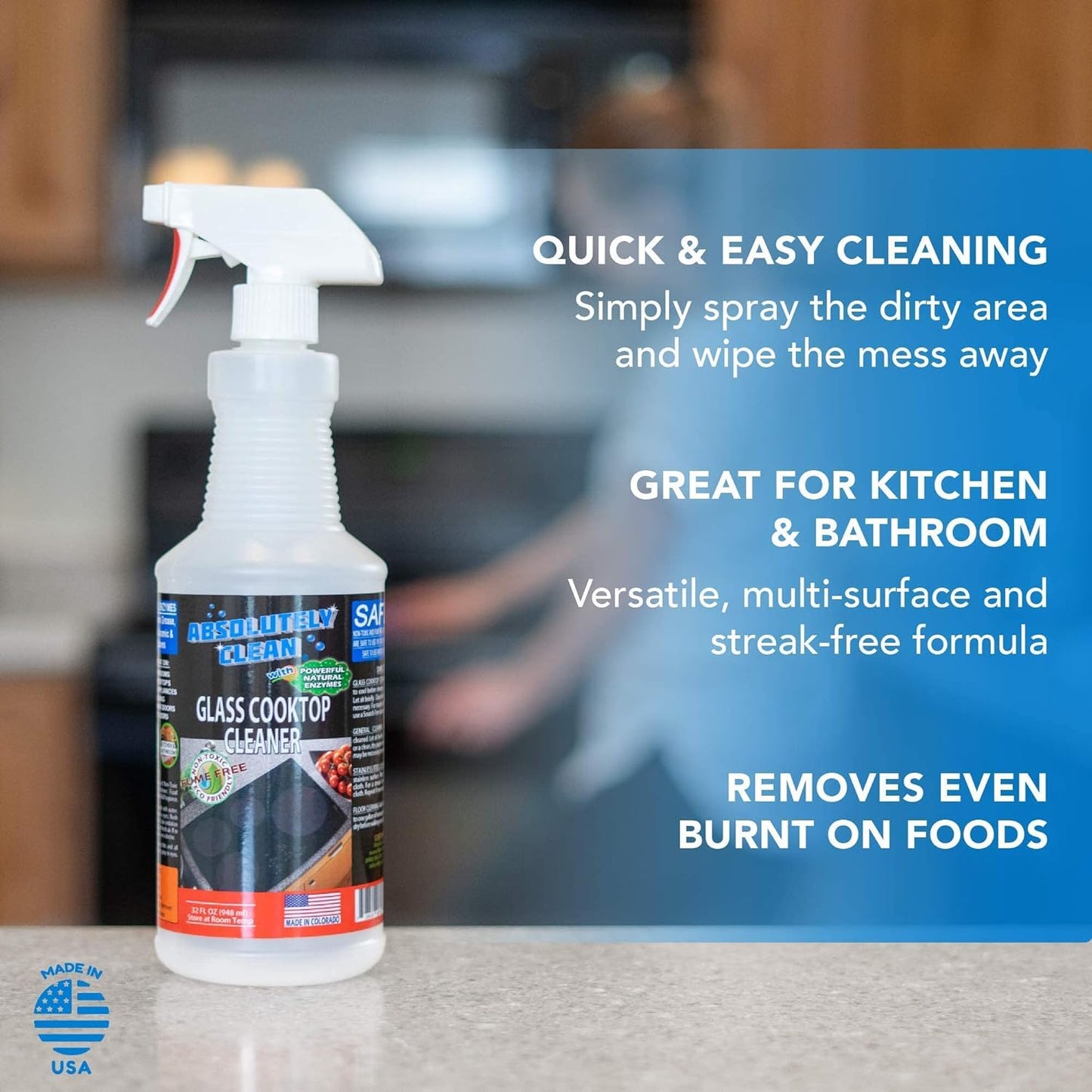 Absolutely Clean Amazing Ceramic & Glasstop oven cleaner heavy duty- Fume Free & Scratch Free - Streakfree - Powerful, Natural Enzymes - USA Made (16 oz)