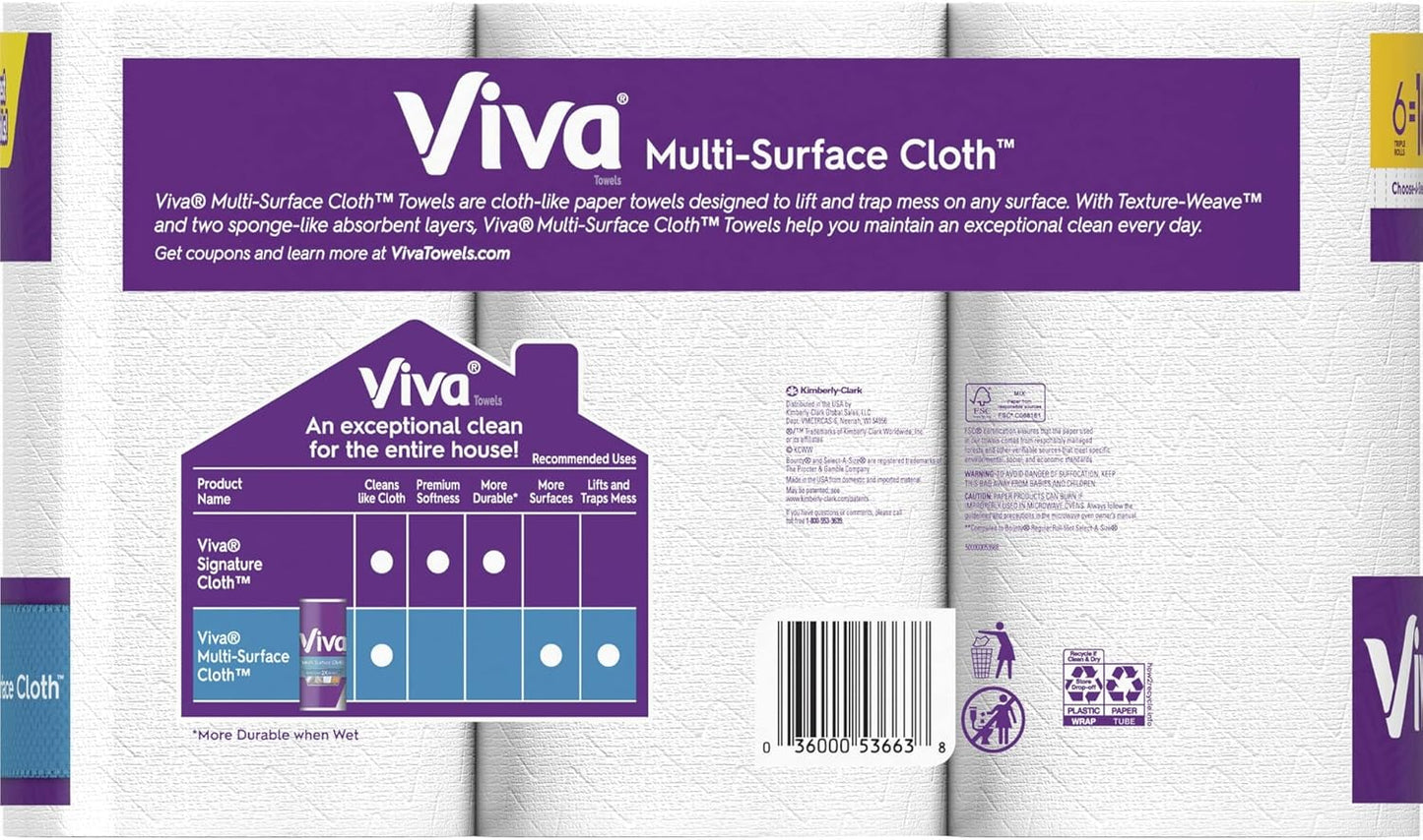 Viva Multi-Surface Cloth Paper Towels, Choose-A-Sheet Size, 12 Triple Rolls, 165 Sheets per Roll (Packaging May Vary)