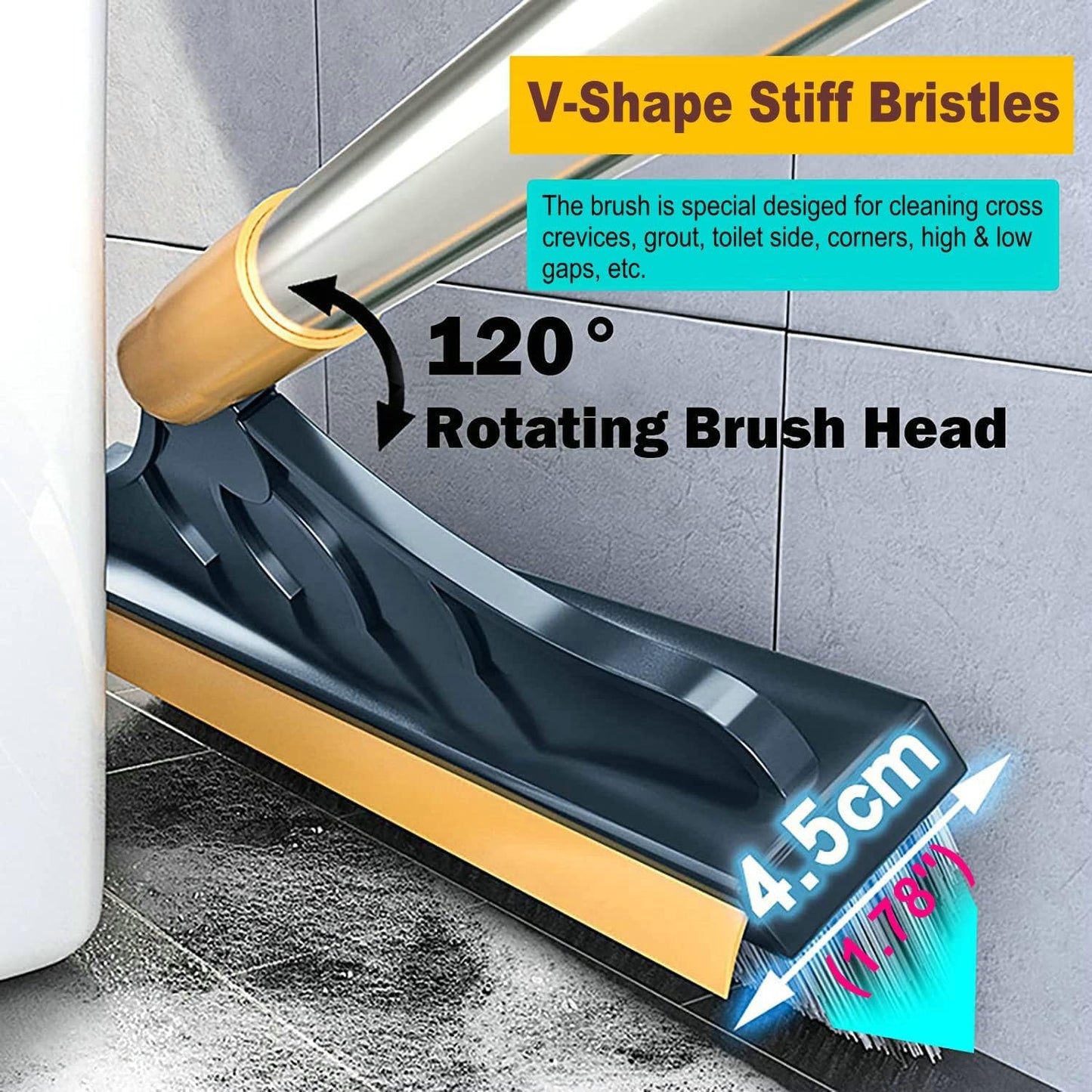 2 in 1 Cleaning Scrub Brush Grout Brush Scrapee 3 Poles 47.6'' Floor Scrub Brush with Long Handle V-Shape Stiff Bristle Brush Scrubber with Squeegee 120°Rotate Shower Cleaning Brush for Bathroom Glass