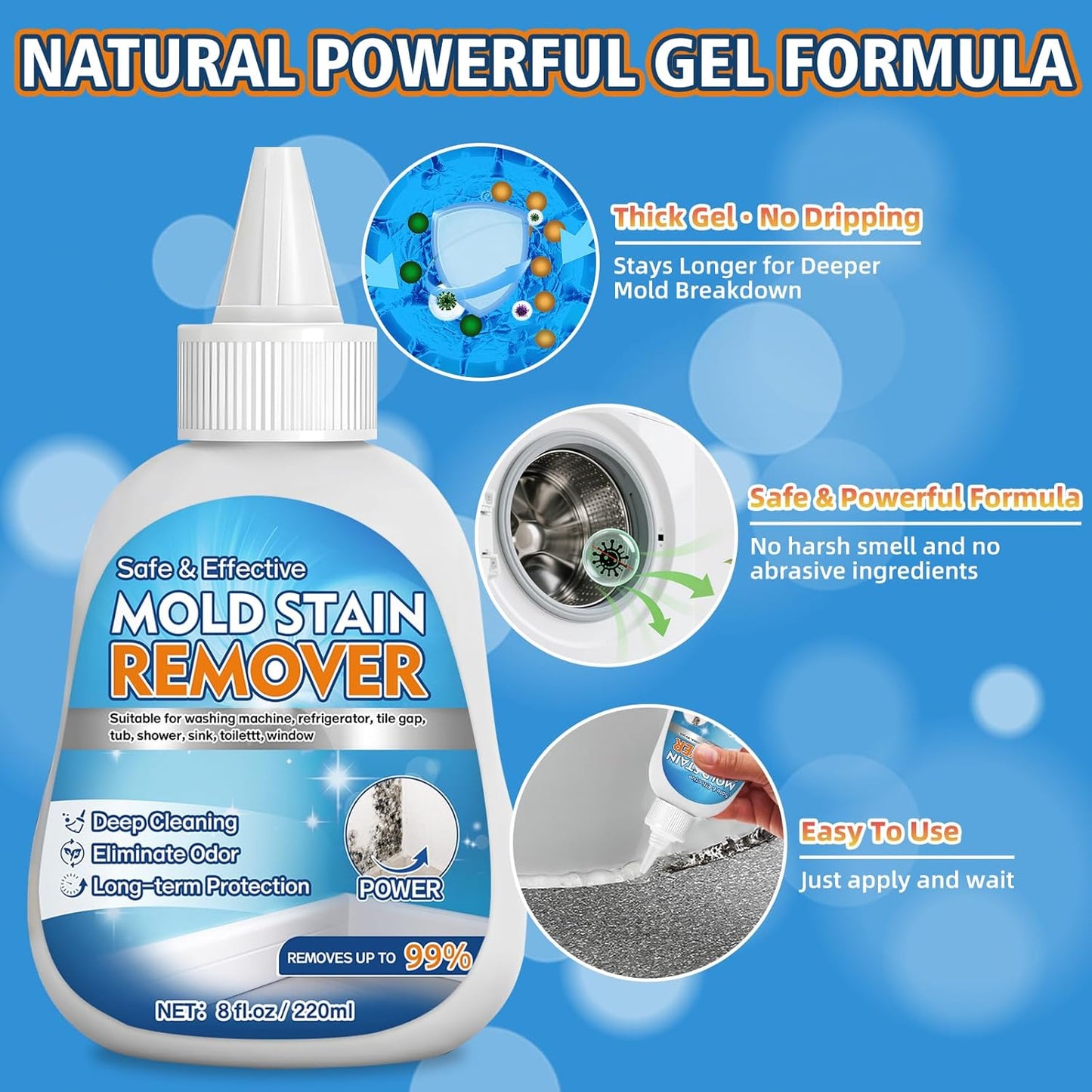 Home Mold Stain Remover Gel for Washer Seal, Thick No Scrub Mold Cleaner for Front Load Washing Machine, Bathroom Tile Grout & Silicone, Deep Cleaning & Odor Removal-Household Stain Cleaner