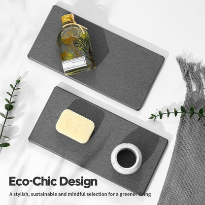 2PCS Water Absorbing Stone Drying Tray for Kitchen Counter & Bathroom Sink, Diatomite Faucet Splash Guard, Soap Dispenser Rack & Sponge Holder Caddy Organizer, Marble White (Printed Pattern), 9"x 3.5"