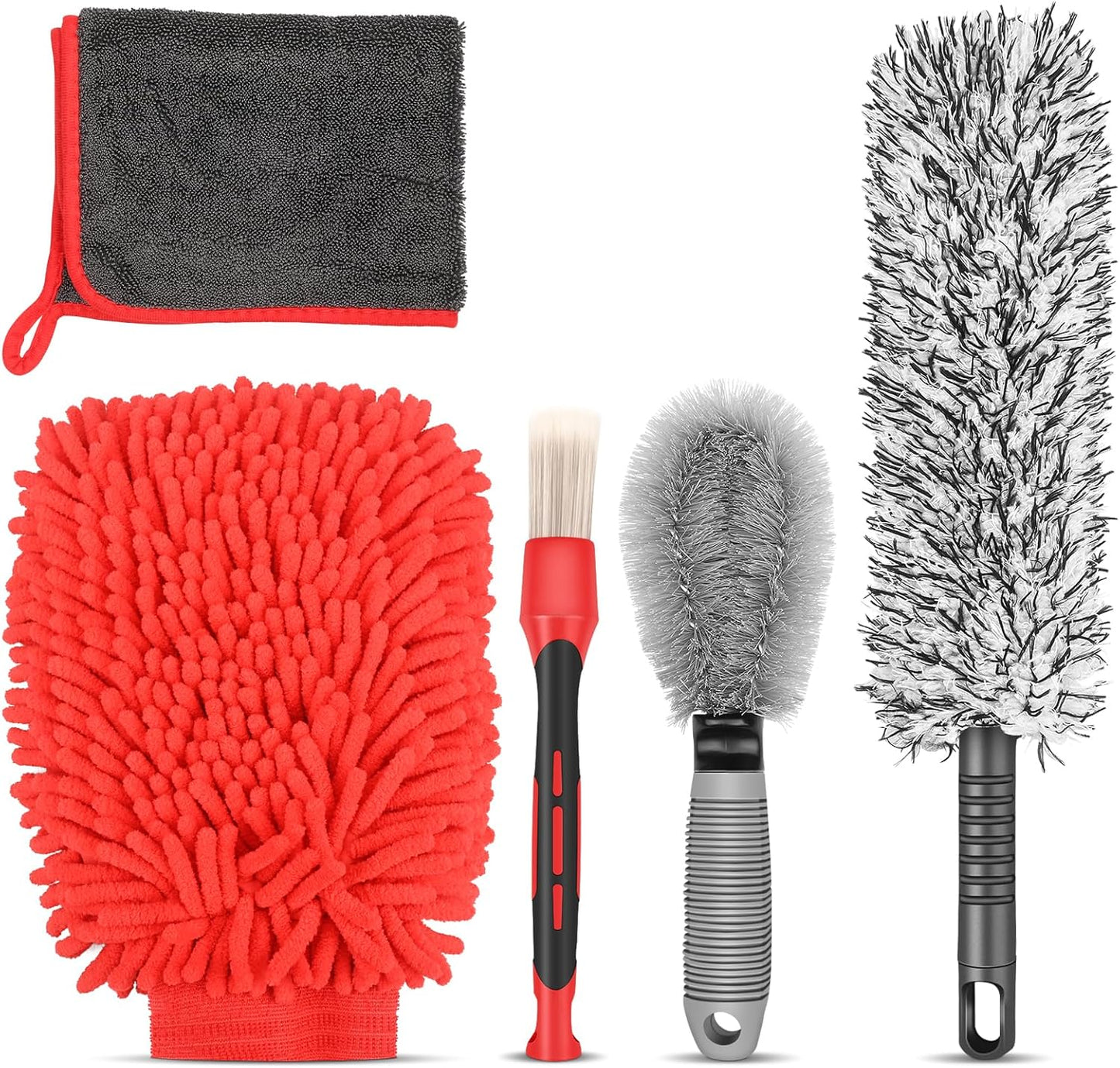 Preciva 5PCS Car Wheel & Tire Brush Kit -Car Cleaning Kit, Wheel Cleaner Brush, Soft-bristled Rim Brush, Car Drying Towel, Car Detailing Cleaning Wash Brush Supplies Kit for Interior Exterior Wheels