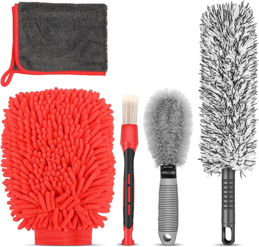 Preciva 5PCS Car Wheel & Tire Brush Kit -Car Cleaning Kit, Wheel Cleaner Brush, Soft-bristled Rim Brush, Car Drying Towel, Car Detailing Cleaning Wash Brush Supplies Kit for Interior Exterior Wheels