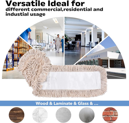Matthew Cleaning 24'' Industrial Strength Cotton Dust Mop Refill Washable Replacement Heads for Residential & Commercial Use Fit Standard Dust Mop Frames, Hardwood, Laminate, Concrete Floors 3 Pack