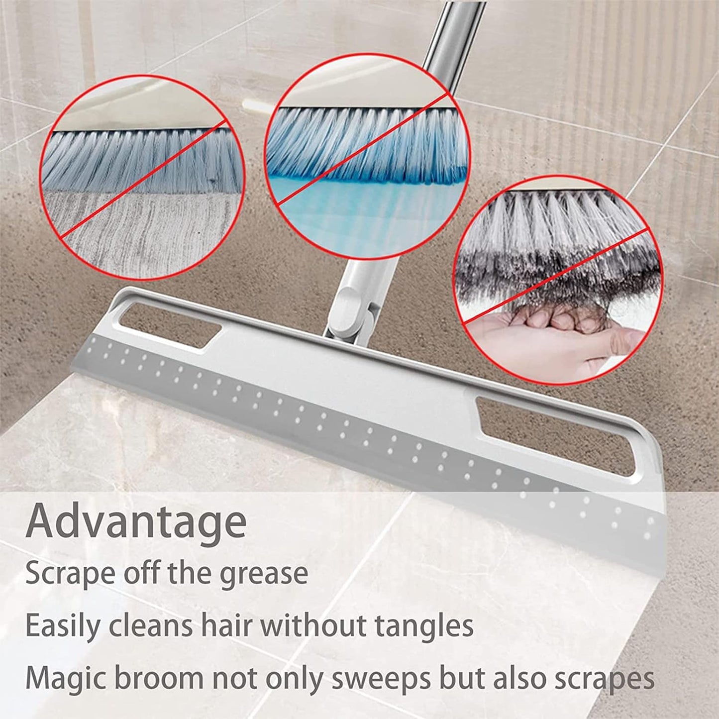 Multifunction Rubber Air Broom, Silicone Floor Squeegee with 56" Long Handle, Rubber Sweeper, Air Broom for Floor Bathroom Kitchen Shower Tile Pet Hair Fur Marble Glass Water Window Foam Clean (Grey)