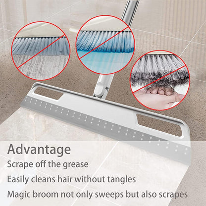 Multifunction Rubber Air Broom, Silicone Floor Squeegee with 56" Long Handle, Rubber Sweeper, Air Broom for Floor Bathroom Kitchen Shower Tile Pet Hair Fur Marble Glass Water Window Foam Clean (Grey)