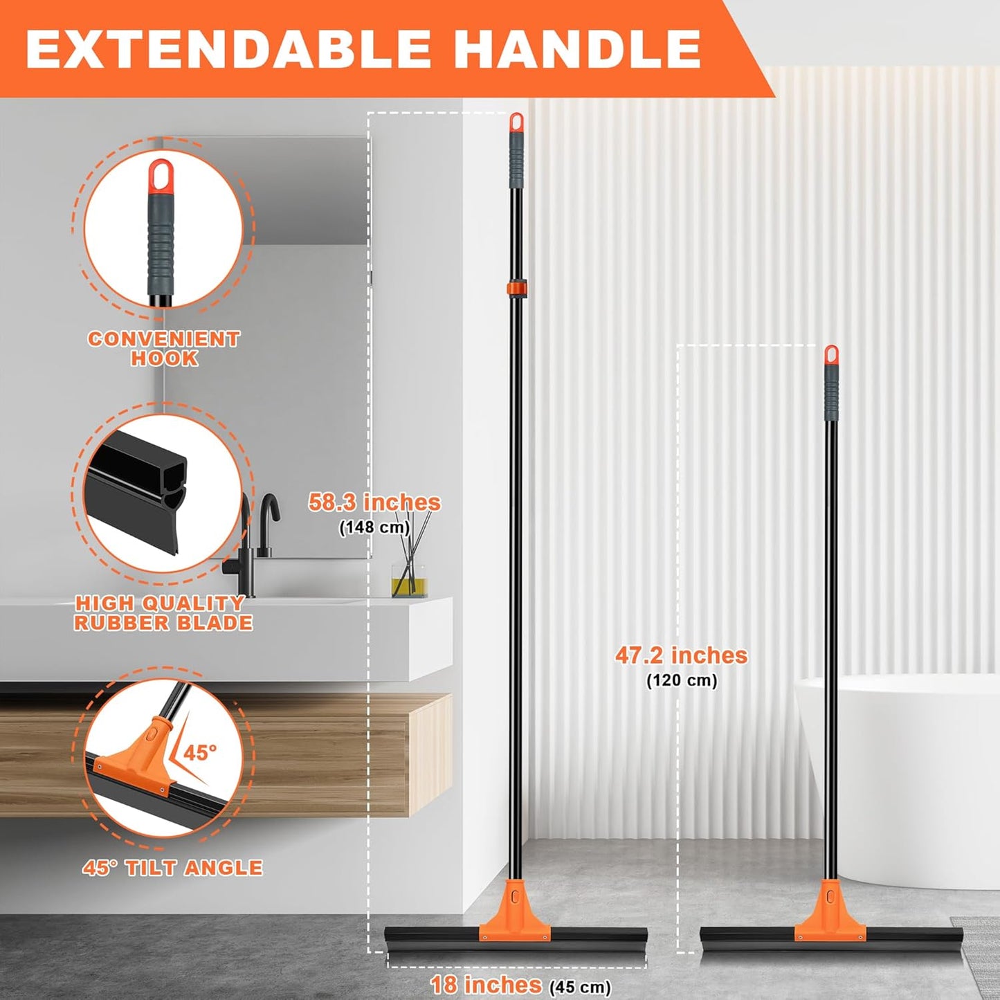 JEHONN Floor Squeegee Heavy Duty with 58.3 inches Long Handle, Rubber Scraper Broom for Cleaning Foam Water on Garage Concrete Bathroom Tile Marble Shower Glass Shop Deck Window Indoor Outdoor Green