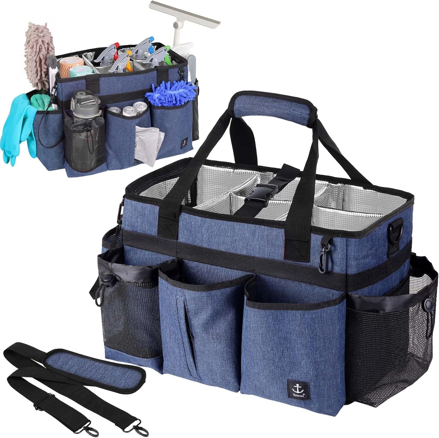 Large Cleaning Caddy Bag Built-in Sturdy Support Board, Cleaning Organizer with Detachable Divider, Cleaning Supply Tote with Adjustable Shoulder Strap&Waist Belt for Cleaners & Housekeeper