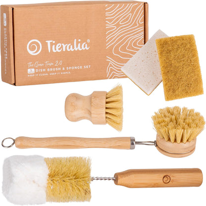 Tieralia Bamboo Dish Brush Gift Set – 5-Piece Kitchen Cleaning Set with Bottle Brush, Round Scrub Brush, Palm Brush & 2 Plant-Based Sponges | Wooden Handle Cleaning Tools for Dishes & Surfaces