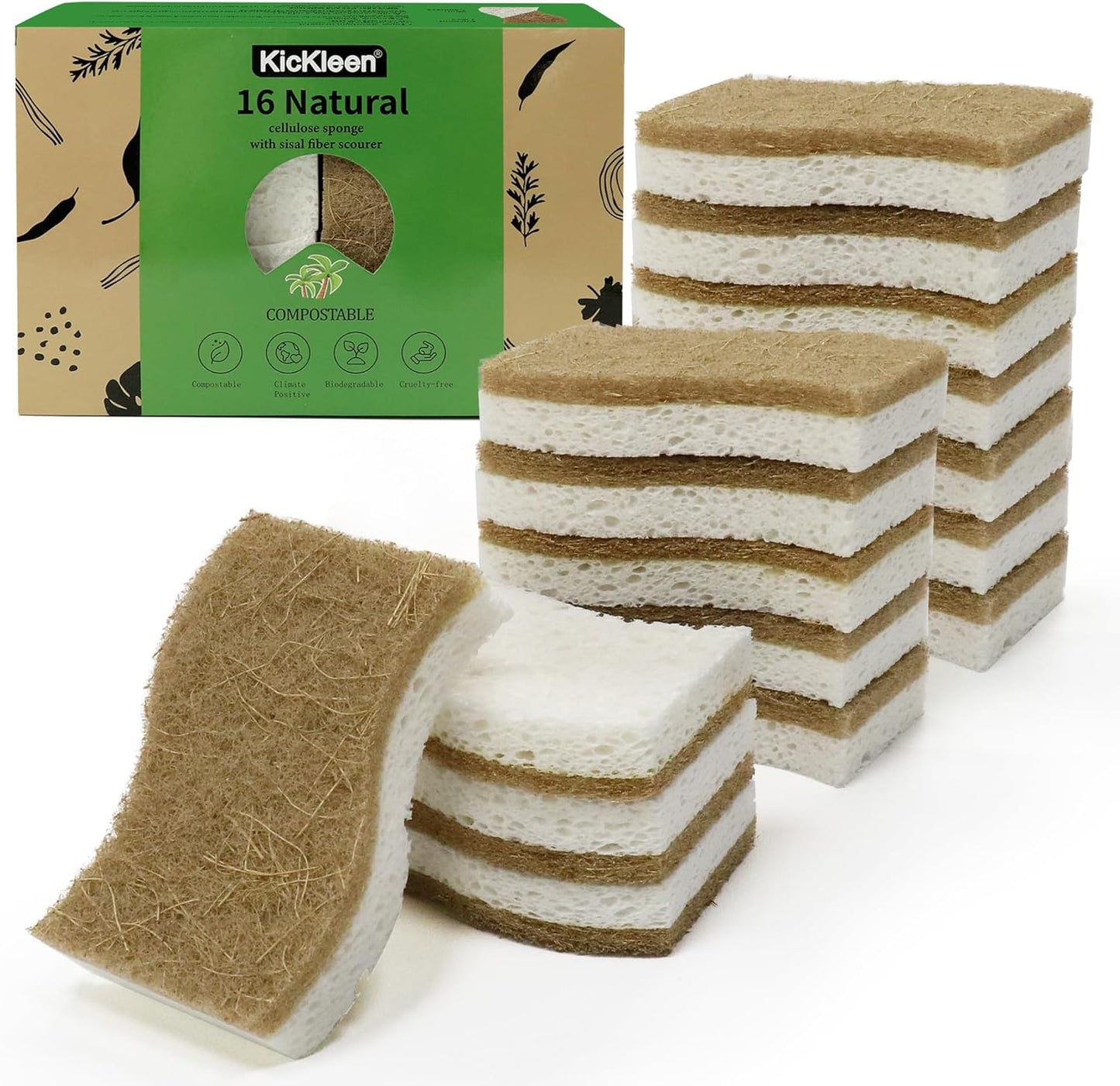 9 Pack Biodegradable Natural Kitchen Sponge - Compostable Cellulose and Coconut Walnut Scrubber Sponge - Eco Friendly Sustainable Sponges for Dishes