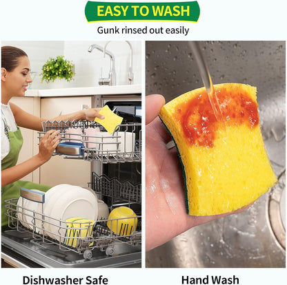 Non-Scratch Cellulose Scrub Sponges 12 Pack, Sponges Kitchen with Double-Side & Ergonomic Design for Dishes, Coated Cookware, Sink & Countertops.
