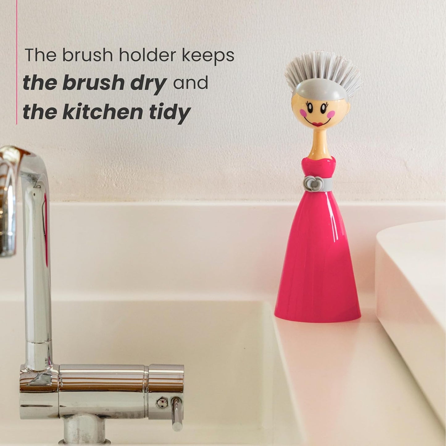 Vigar Dolls Dish Brush with Ergonomic Handle and Dres-shaped Storage Holder - Scrub Brush for Pans, Pots, Kitchen Sink Cleaning, Blue/Pink