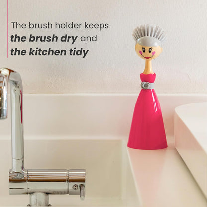 Vigar Dolls Dish Brush with Ergonomic Handle and Dres-shaped Storage Holder - Scrub Brush for Pans, Pots, Kitchen Sink Cleaning, Blue/Pink