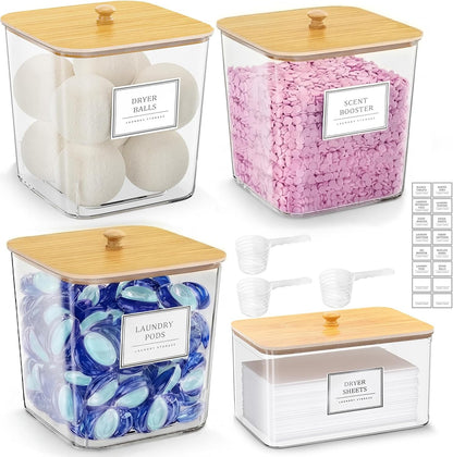 FUSHITON Laundry Pods Storage Container, 4+1 Set Clear Containers with Bamboo Lids for Detergent Pods, Scent Beads & Dryer Sheets, Includes 16 Labels and 3 Measuring Scoops