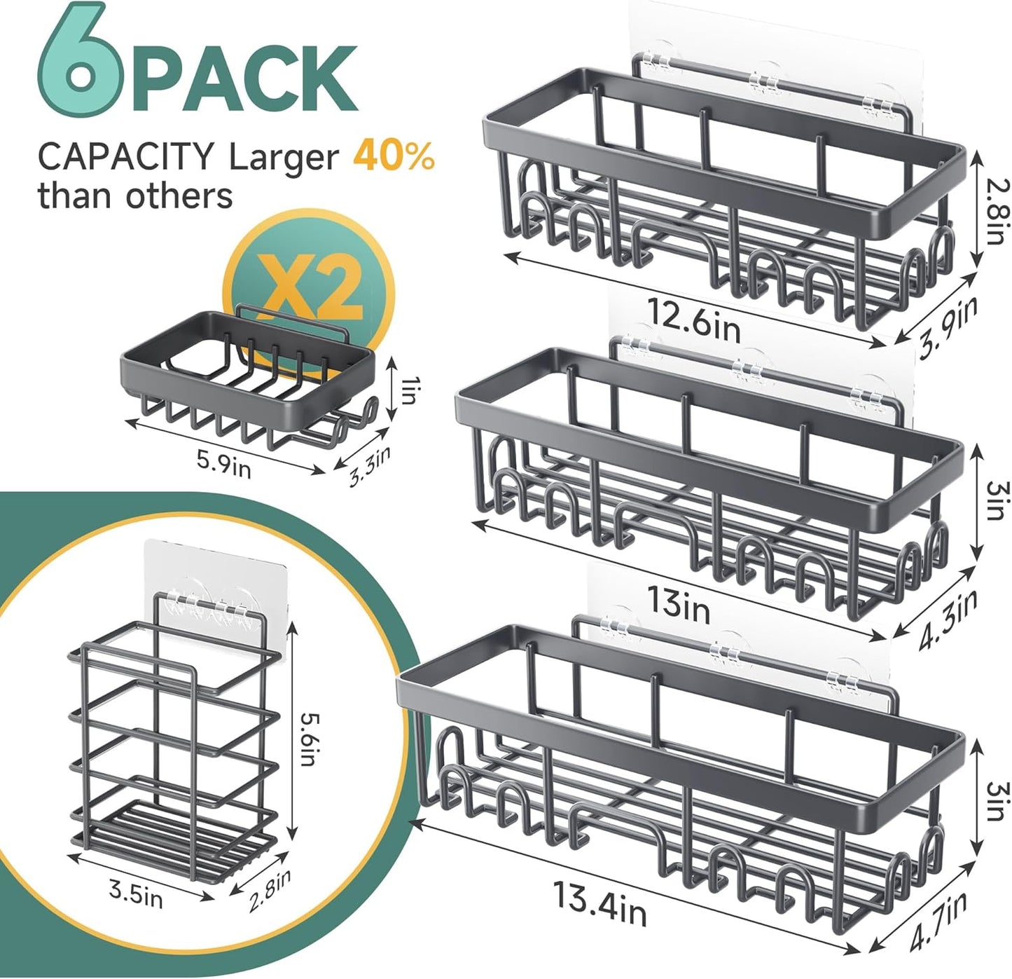 Veken Shower Caddy 6-Pack, Advanced Rustproof Design, No Drilling Adhesive Shelves, Rack with Soap Holder, Large Capacity Bathroom Organizers and Storage, Wall-Mounted, Gifts for Women Mom