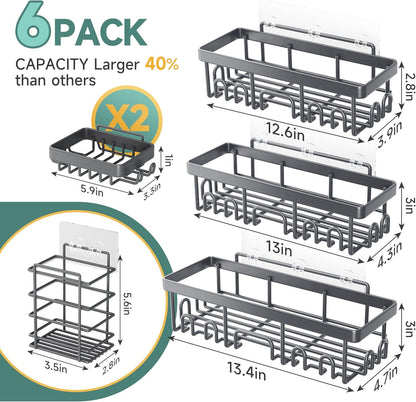 Veken Shower Caddy 6-Pack, Advanced Rustproof Design, No Drilling Adhesive Shelves, Rack with Soap Holder, Large Capacity Bathroom Organizers and Storage, Wall-Mounted, Gifts for Women Mom
