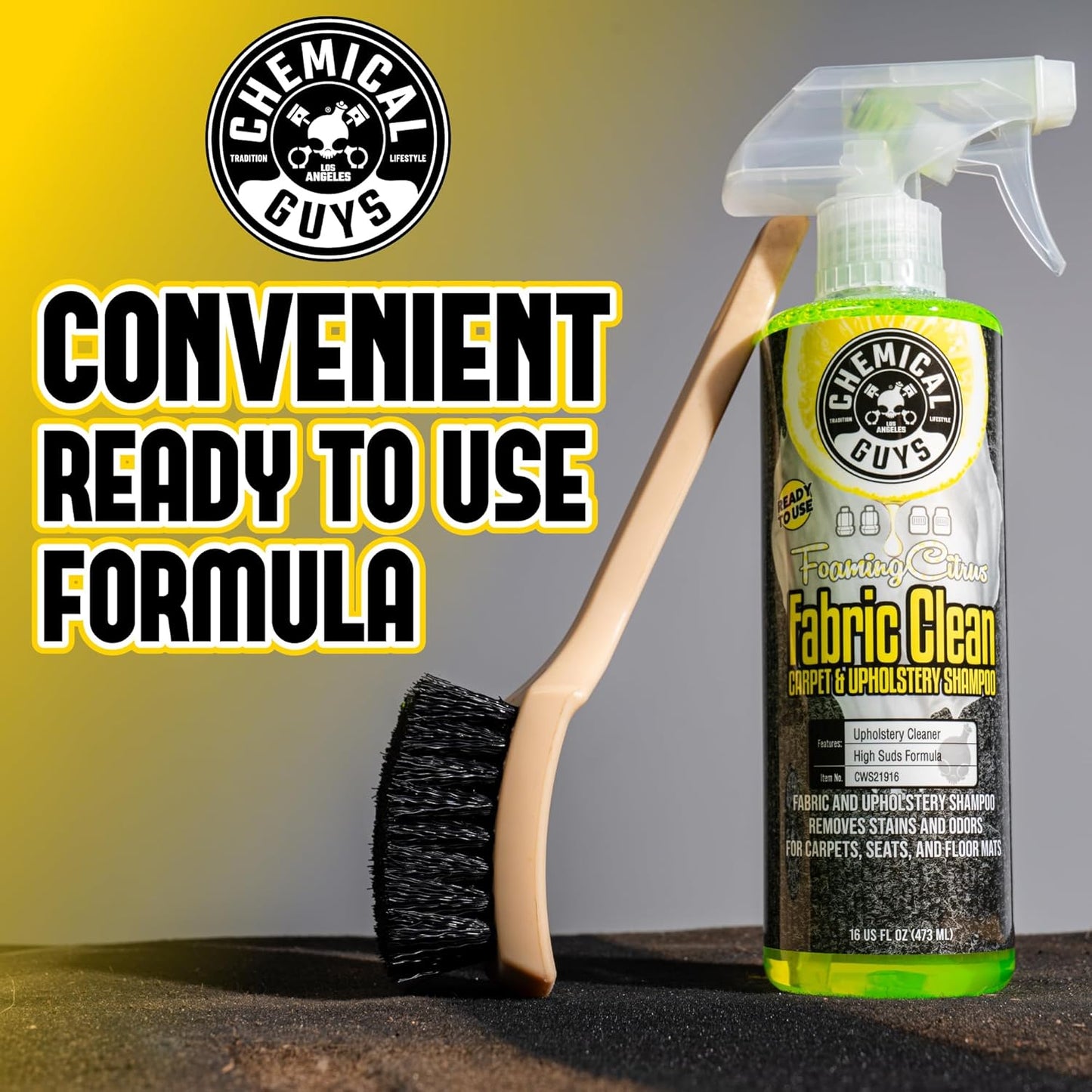 Chemical Guys Foaming Citrus Fabric Clean Carpet & Upholstery Cleaner - Car Carpet Cleaner Spray for Seats and Floor Mats, Removes Stains &Odors, Safe for Cars, Home and Office, 16 oz Citrus Scent