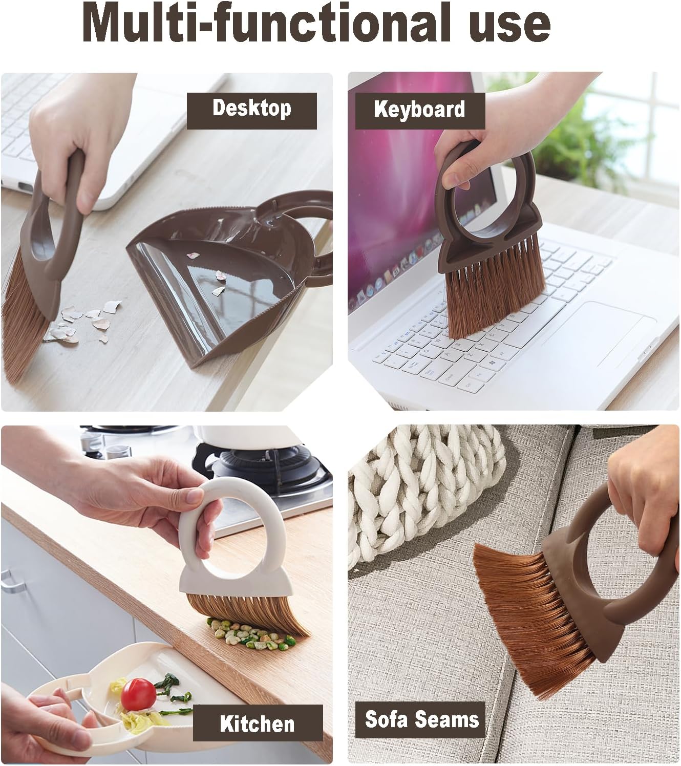 Round Handle Brush and Dustpan Set Small Broom & Dustpan Portable Handheld Sweeper for Desktop Sofa Floor Pet Nest (Off White)