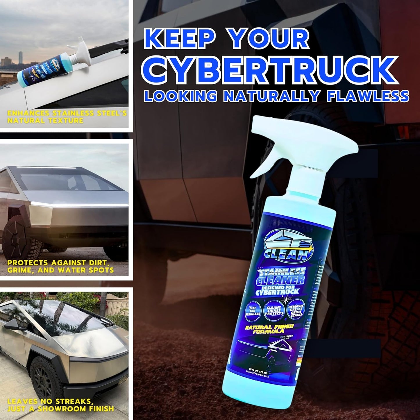 Natural Finish Waterless Stainless Steel Cleaner & Wash for Tesla Cybertruck – Eco-Friendly Spray, Removes Grease & Fingerprints, Matte Protection (16 Fl. Oz.)