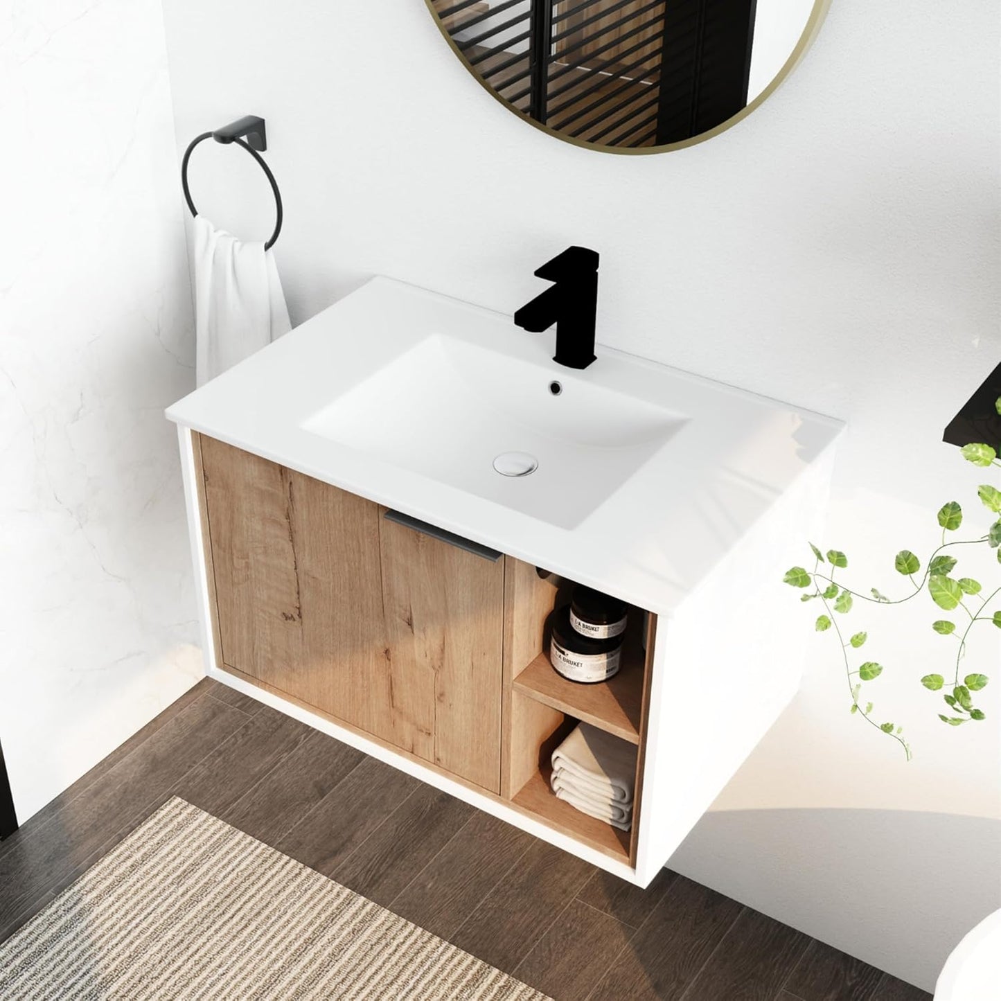 SSLine Modern 24-Inch Bathroom Vanity with Sink Wall Mounted Bathroom Vanity with Top Basin & Storage Cabinet White Wood Floating Vanity w/Ceramic Sink & Gold/Black Handles for Small Space