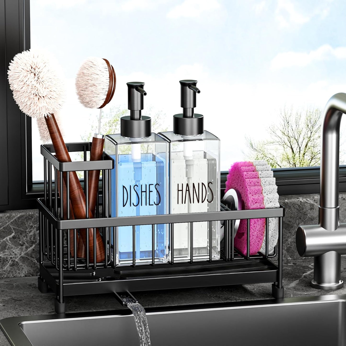 Cisily Kitchen Soap Dispenser Set with Sink Caddy, 12 Oz Glass Bottle, Hand and Dish Soap Dispenser Set with Sponge Holder, Black Stainless Steel Kitchen Countertop Sink Organizer Accessories