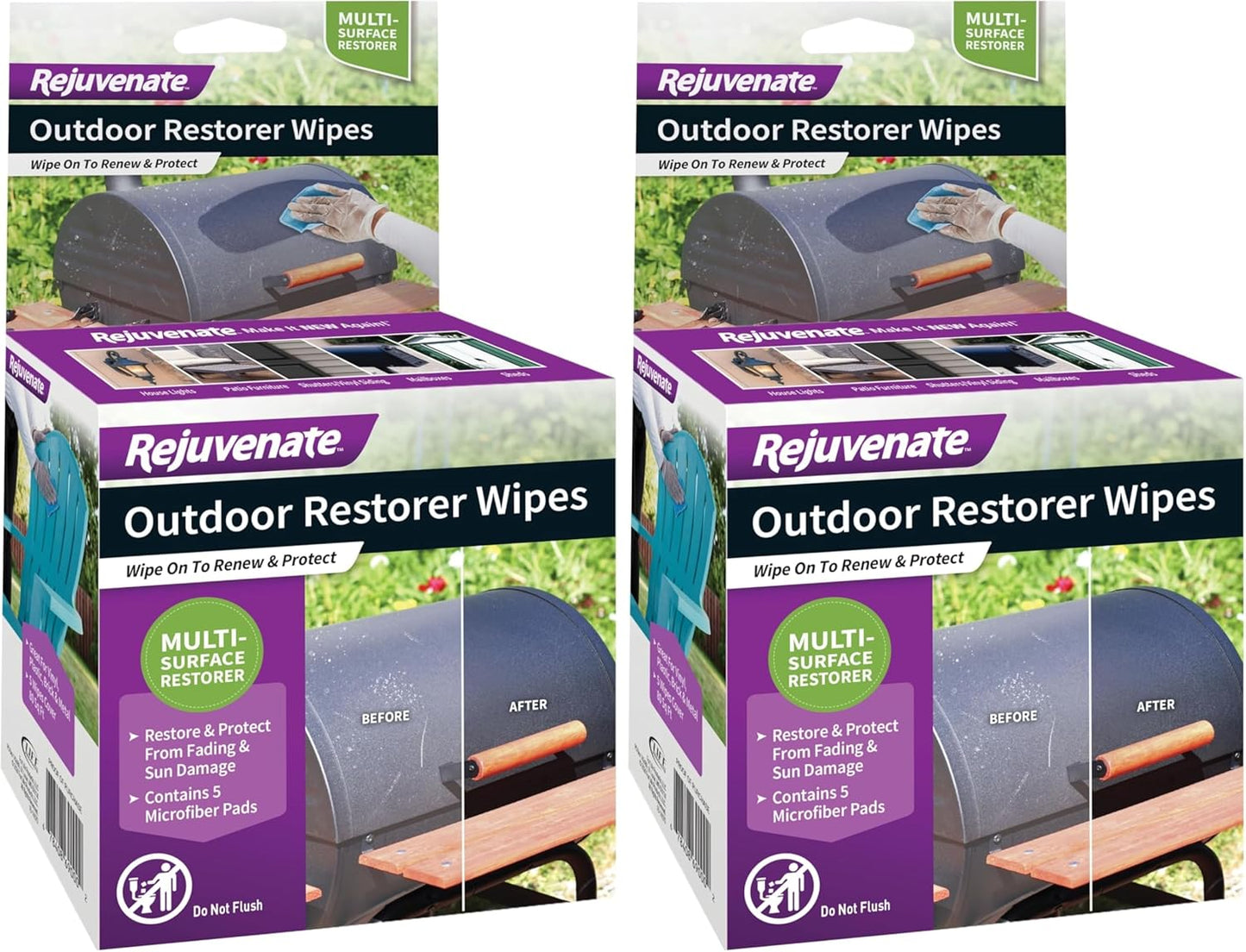 Rejuvenate Outdoor Restorer Wipes, 5 Count, Individually-Wrapped Pre- Saturated Microfiber Wipes Restore Faded and Weathered Surfaces Such As Patio Furniture, Shutters, Siding, Mailboxes And More