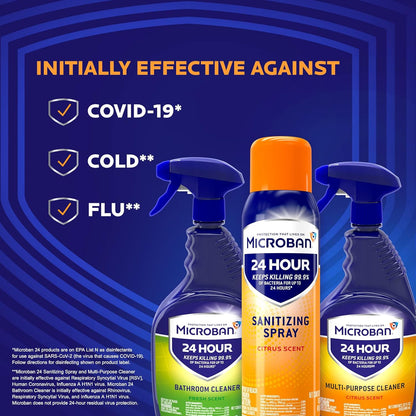 MICROBAN Disinfectant Spray, 24 Hour Sanitizing and Antibacterial Sanitizing Spray, Citrus Scent, 2 Count (15oz Each) (Packaging May Vary)