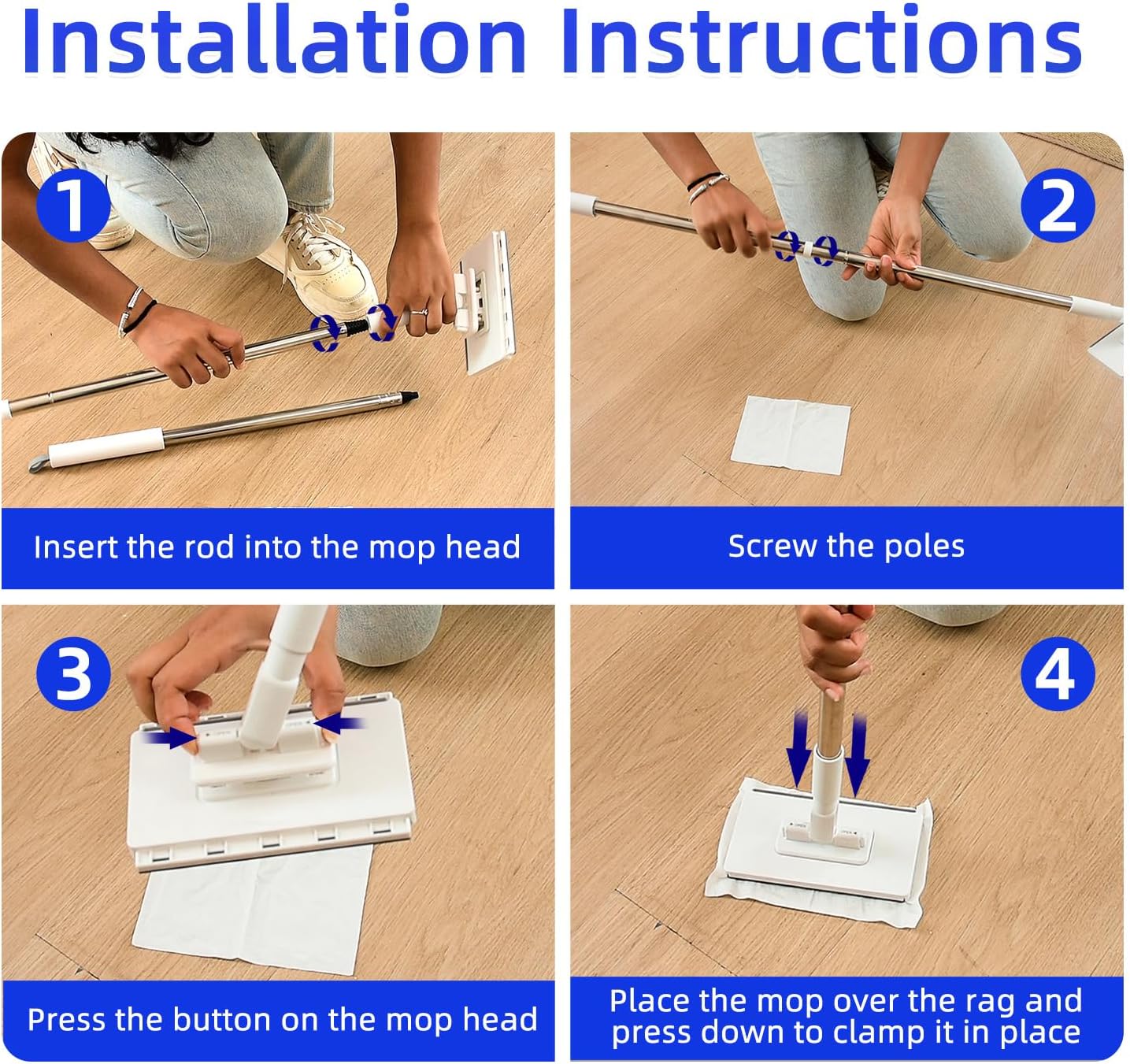 Snap-Grip Mini Mop with 39in Handle — INWEJIA Zero-Touch Gap Dust Cleaner & Locking Head, Disposable Lazy Mop Wet and Dry for Kitchen Bathroom Toilet Corners Window Wall Cleaning
