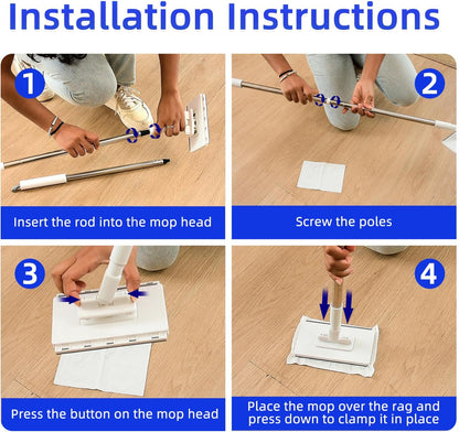 Snap-Grip Mini Mop with 39in Handle — INWEJIA Zero-Touch Gap Dust Cleaner & Locking Head, Disposable Lazy Mop Wet and Dry for Kitchen Bathroom Toilet Corners Window Wall Cleaning