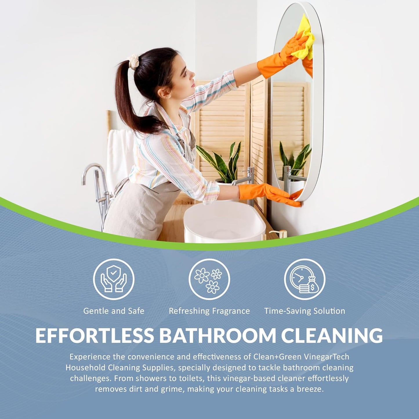 CLEAN+GREEN VinegarTech Bathroom Cleaner - Vinegar Spray All Purpose Cleaner Removes Dirt & Grime Shower, Tub, Tile Floor - Vinegar Cleaner Household Cleaning Supplies - Cleaning Vinegar 24 Fl Oz