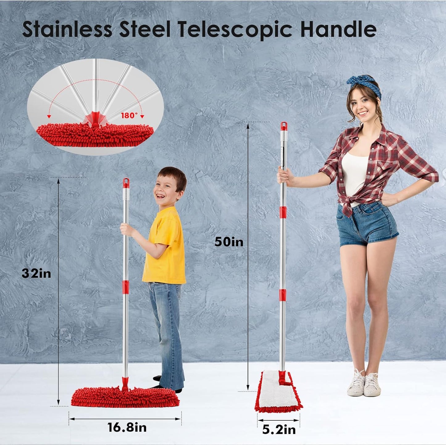 MASTERTOP Microfibre Flat Mop, Extended Wet Dry Large Floor Mop with 5 Reusable Pads & Telescopic Handle, Dust Mops for Laminate Wooden Hard Floor Vinyl Tile Floors Cleaning - Send 1 Cleaning Scraper