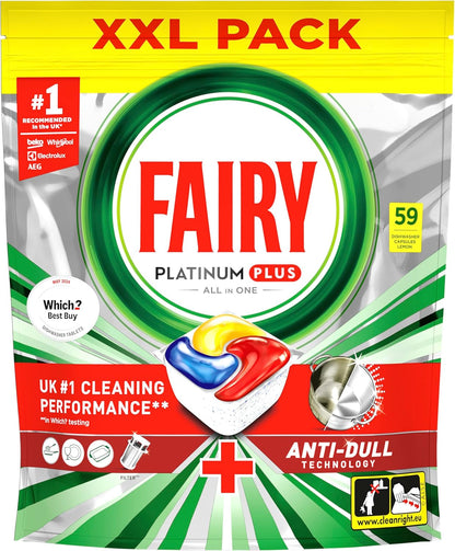 Fairy Platinum Plus All-In-1 Dishwasher Tablets Bulk, 59 Tablets, Lemon, XXL PACK, With Anti-Dull Technology & Rinse Aid Action