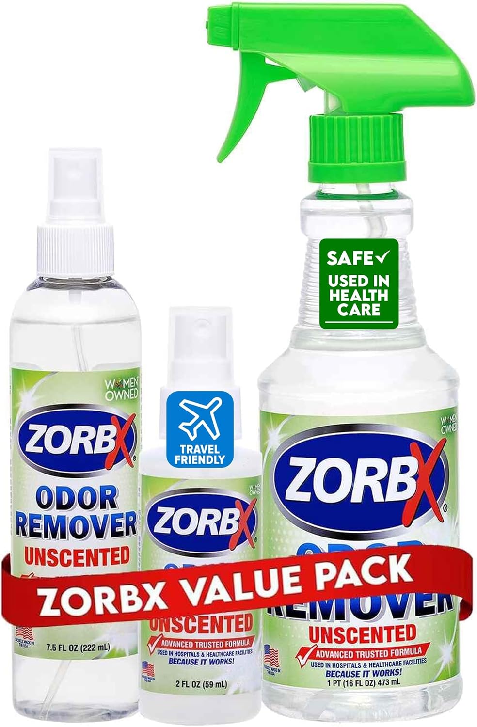 ZORBX Unscented Odor Eliminator for Strong Odor 2 Fl Oz Pack of 5 - Used in Hospitals & Healthcare Facilities - Advanced Formula, Fast-Acting Odor Remover Spray for Dog, Cat, House & Carpet
