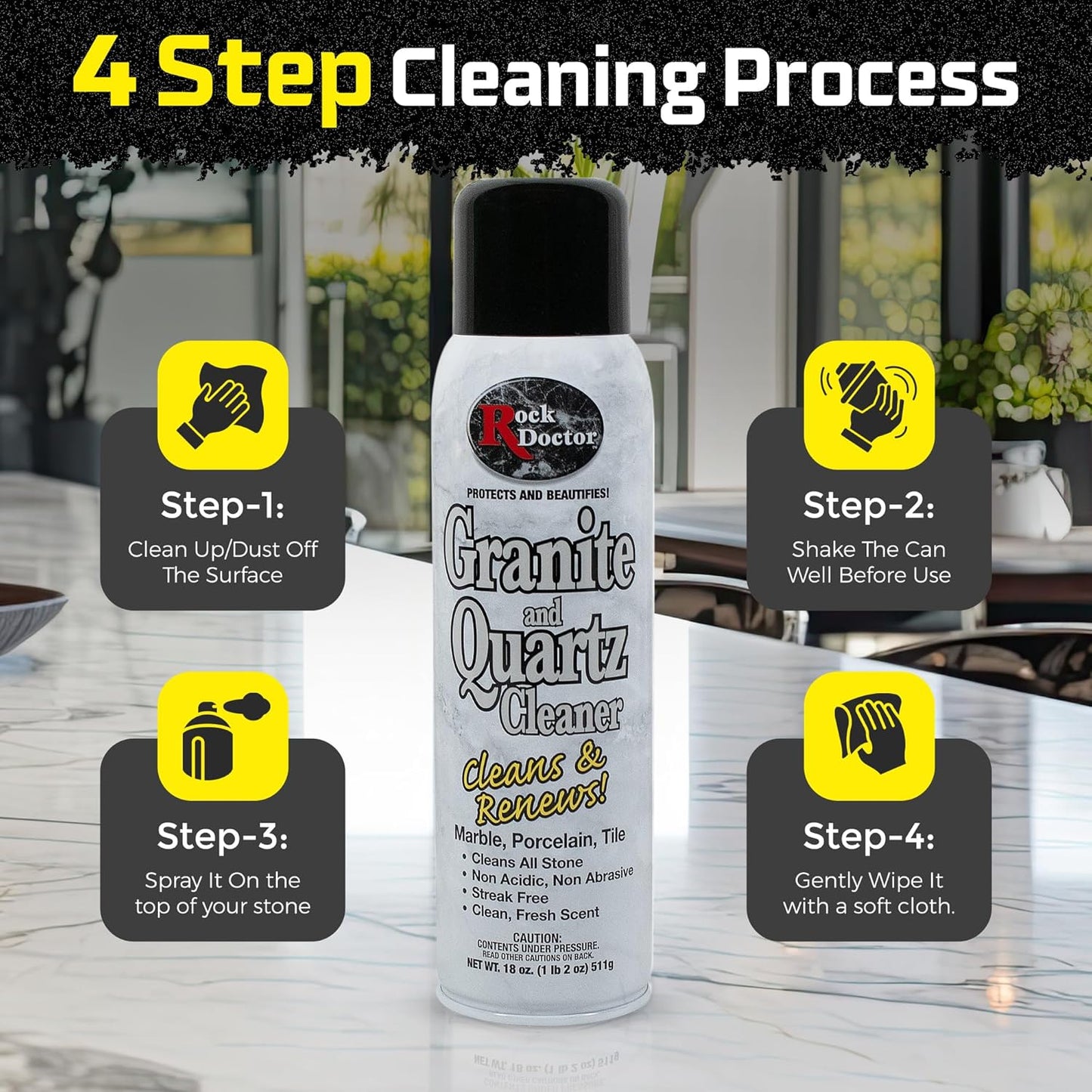 Rock Doctor Granite & Quartz Cleaner Spray 18 oz. Can, Cleans Tile, Marble, Kitchen Countertop, and Natural Stone Surfaces, Streak-Free Shine - Pack of 4