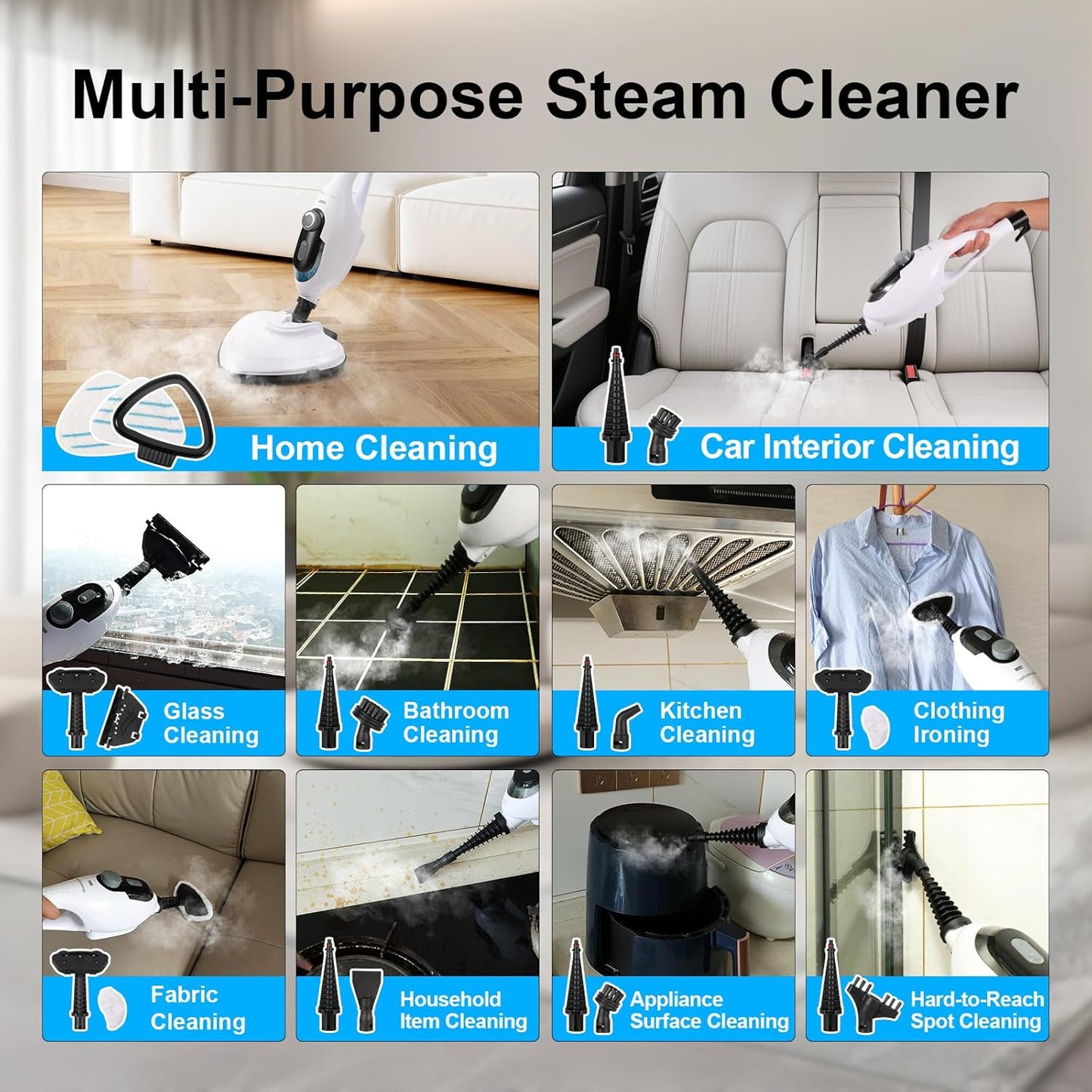 11-in-1 Steam Mop, 1550W Powerful Handheld Steam Cleaner, 260°F Multi-Functional Floor Steamer with 21.3FT Cord for Floors, Hardwood, Tiles, Grout, Windows, Kitchen, Bath, Adjustable (Grey)