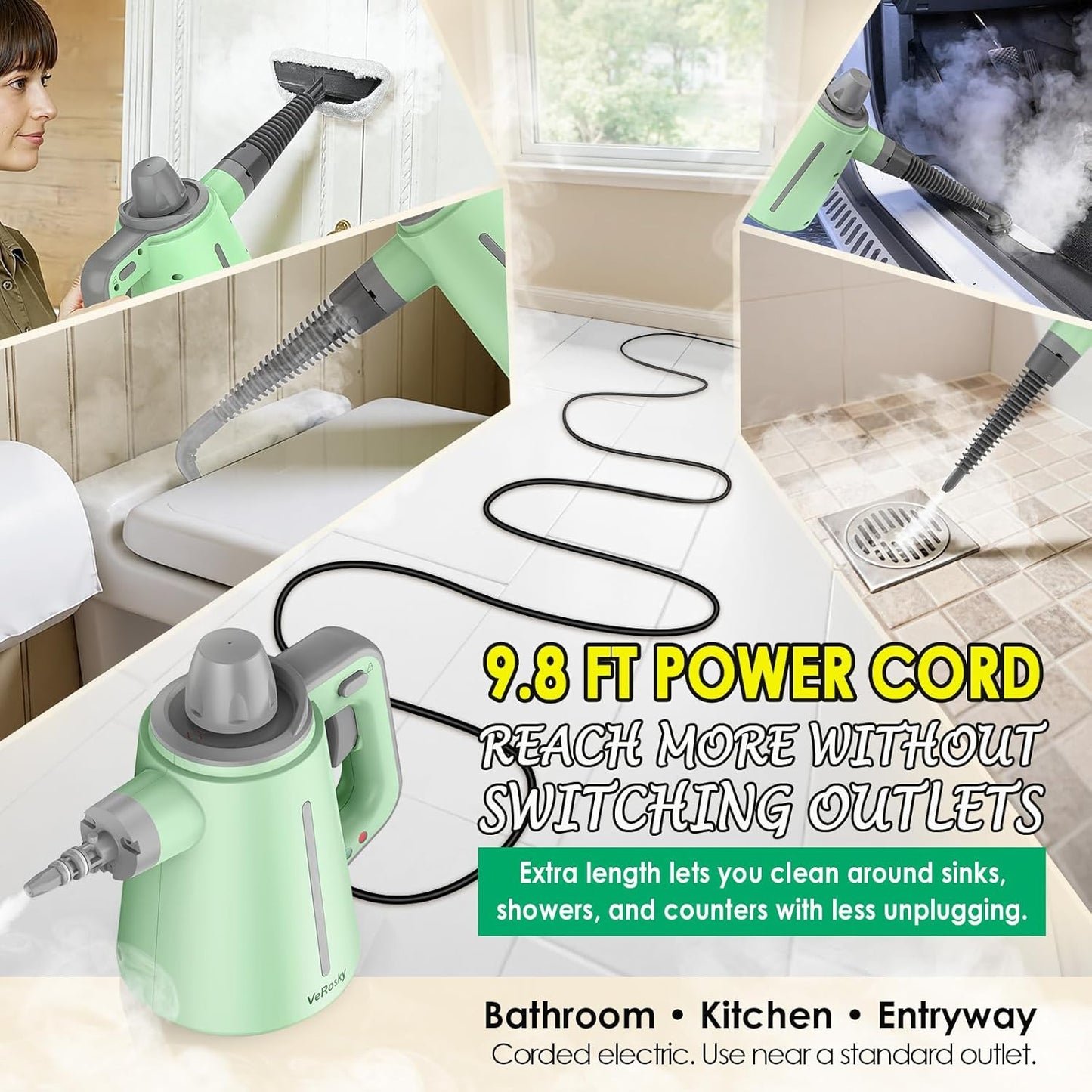Steam Cleaner for Bathroom & Kitchen, Handheld High Temp Steam Cleaner with Safety Lock, Chemical-Free Steamer for Deep Cleaning Tile, Grout, Shower, Stove & Sink, 10 Accessories for Home, Couch & Car