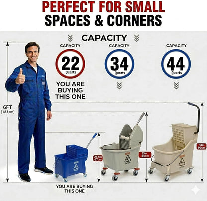 Matthew Cleaning 34 Quart Commercial Mop Bucket INCL.Wet String Mop with Side Press Wringer On Wheels,Heavy Duty Tandem Portable Floor Cleaning Wavebrake,Ideal for Household,Industrial,Restaurant