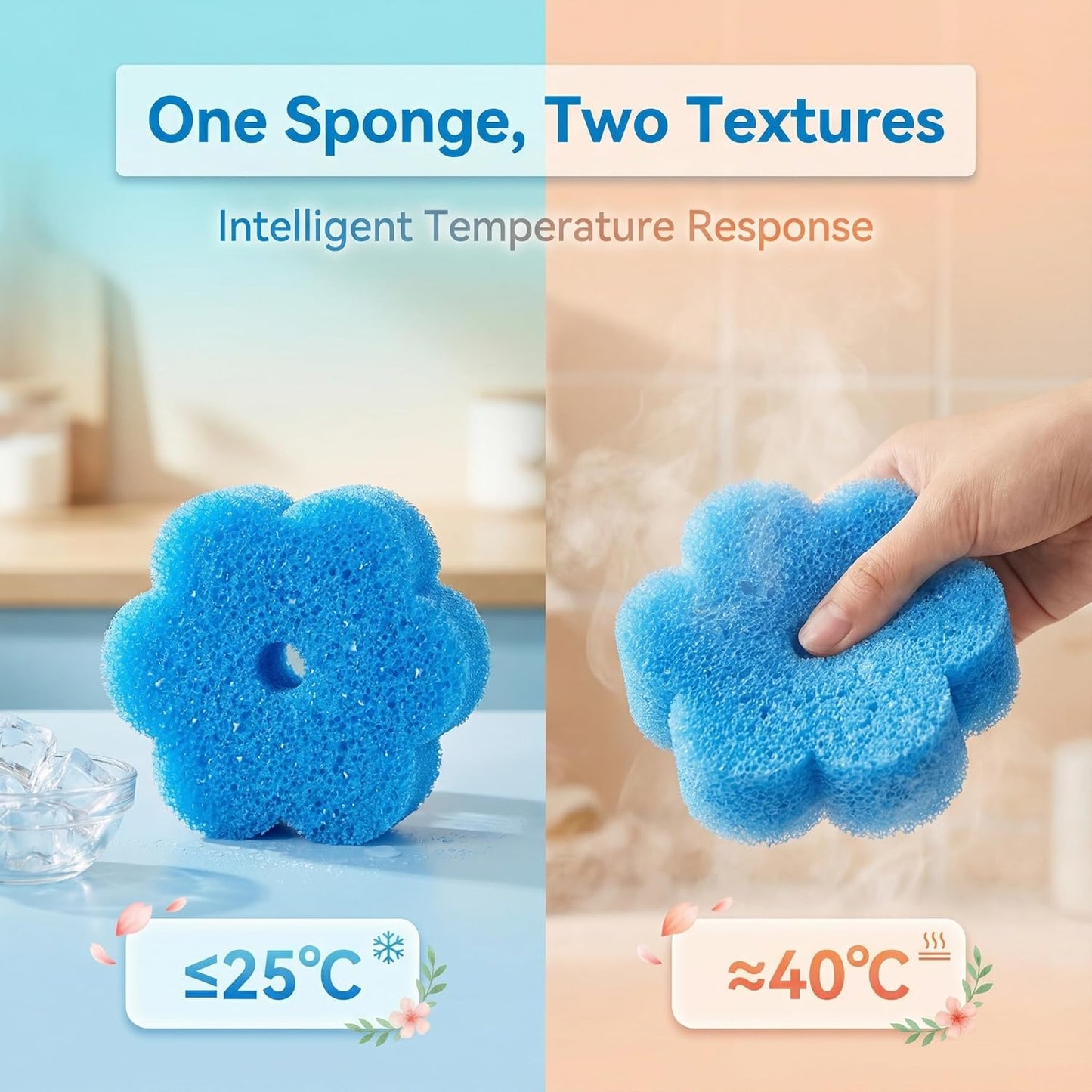 Scrub Flower Temperature Sensitive Sponges -Non-Scratch Scrubbers for Kitchen & Home - Firm in Cold & Soft in Warm Water - Odor Resistant Color-Coded Dish Sponges (Lavender Mist, 3 Count)