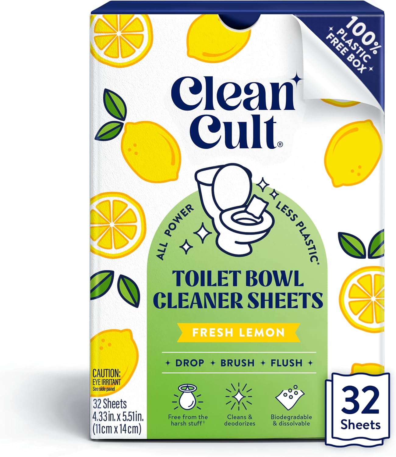 Cleancult Toilet Bowl Cleaner Sheets - Dissolvable, Septic Safe, Effective Cleaning, Removes Stains & Rings, Cleans & Deodorizes - 32 Uses - Fresh Lemon Scent - Plastic-Free Packaging