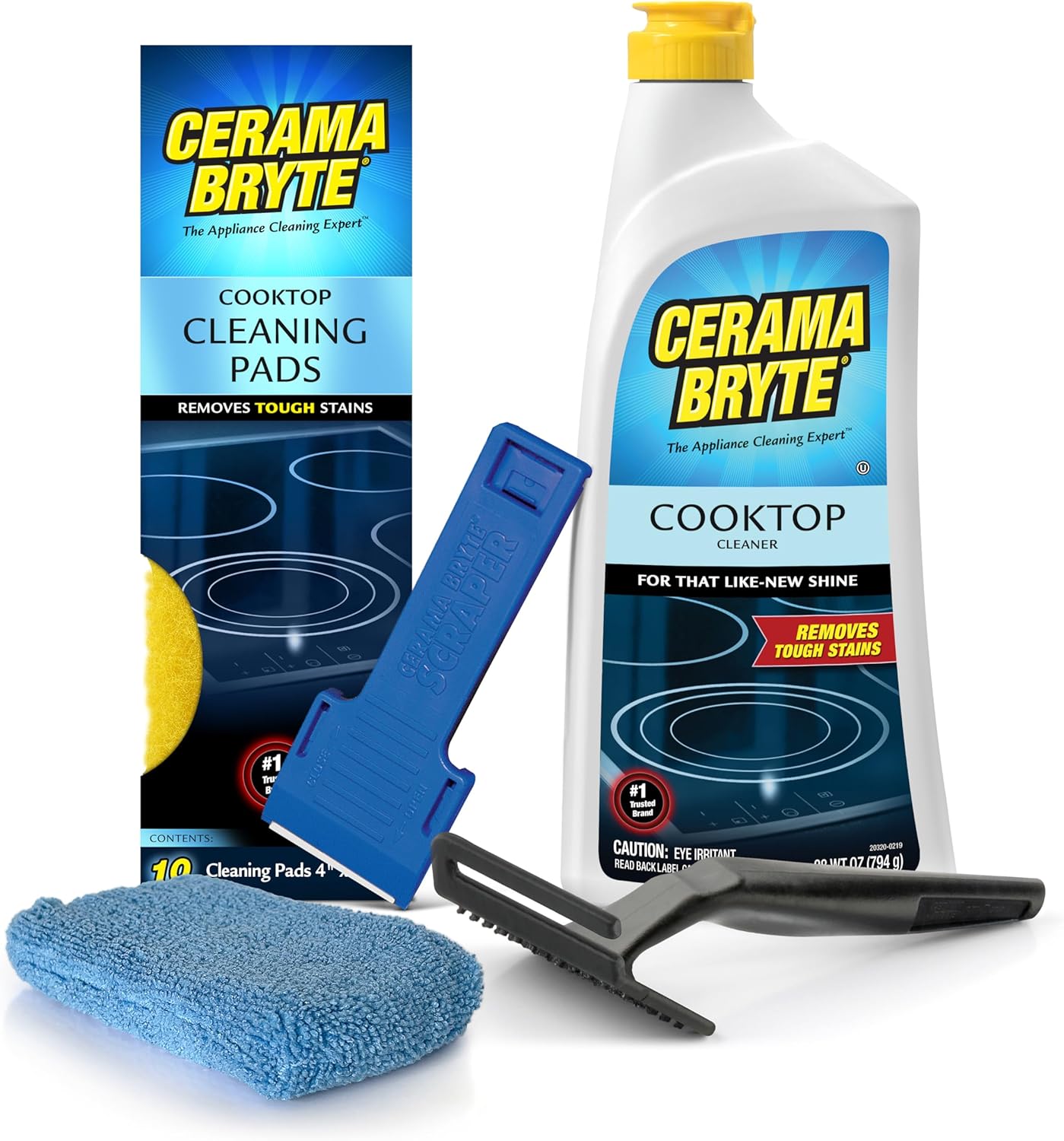 Cerama Bryte Complete Cooktop Cleaning Kit, 10 Cleaner Pads, 1 POW-R Grip Tool, 1 Scraper, and 1 Microfiber Cloth, 28 Fl Oz