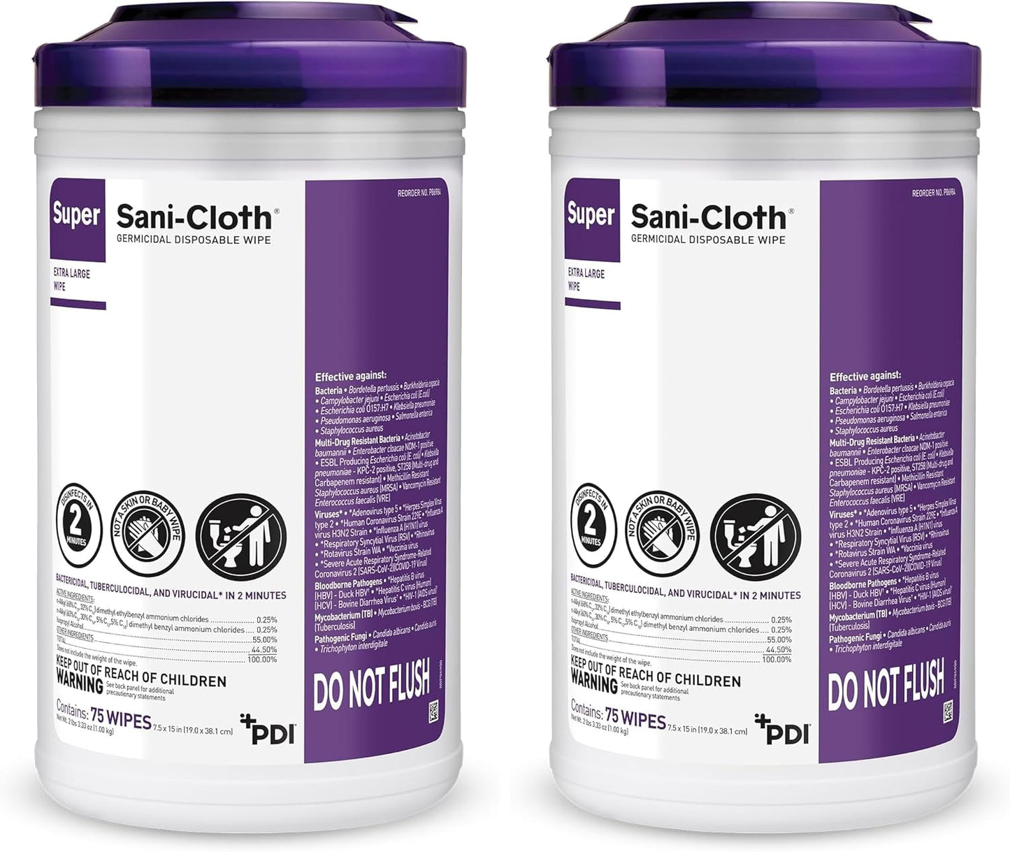 Super Sani- Cloth Germicidal Disposable Wipe, X-Large 5'' x 8'' Wipe, Pop Up Dispenser of 65