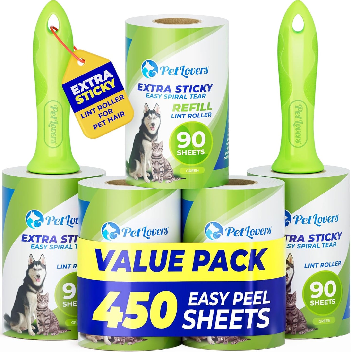PetLovers Extra Sticky Lint Roller Mega Value Set 450 Sheets for Pet Hair Removal and Clothes, Dog and Cat Lint Remover 5 Pack