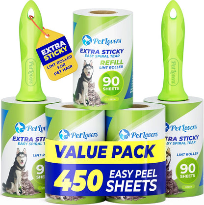 PetLovers Extra Sticky Lint Roller Mega Value Set 450 Sheets for Pet Hair Removal and Clothes, Dog and Cat Lint Remover 5 Pack