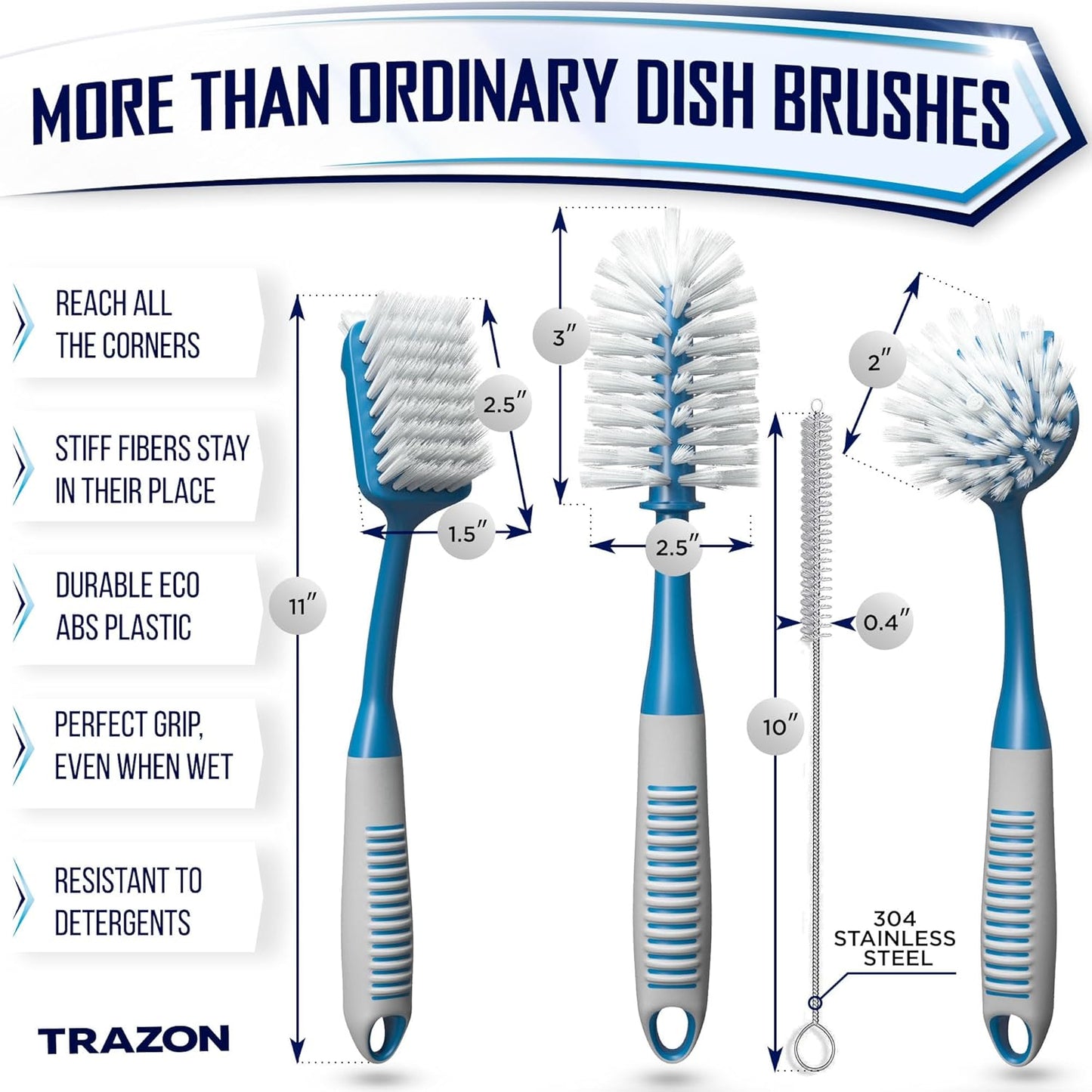 Dish Brush Set of 5 with Holder - Kitchen Scrub Brushes with Non-Slip Long Handle for Cleaning, Scrubber, Dishwashing, Dishes, Bottles, Straws, Cups, Pots & Sink, Black