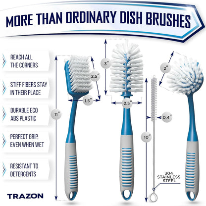 Dish Brush Set of 5 with Holder - Kitchen Scrub Brushes with Non-Slip Long Handle for Cleaning, Scrubber, Dishwashing, Dishes, Bottles, Straws, Cups, Pots & Sink, Black