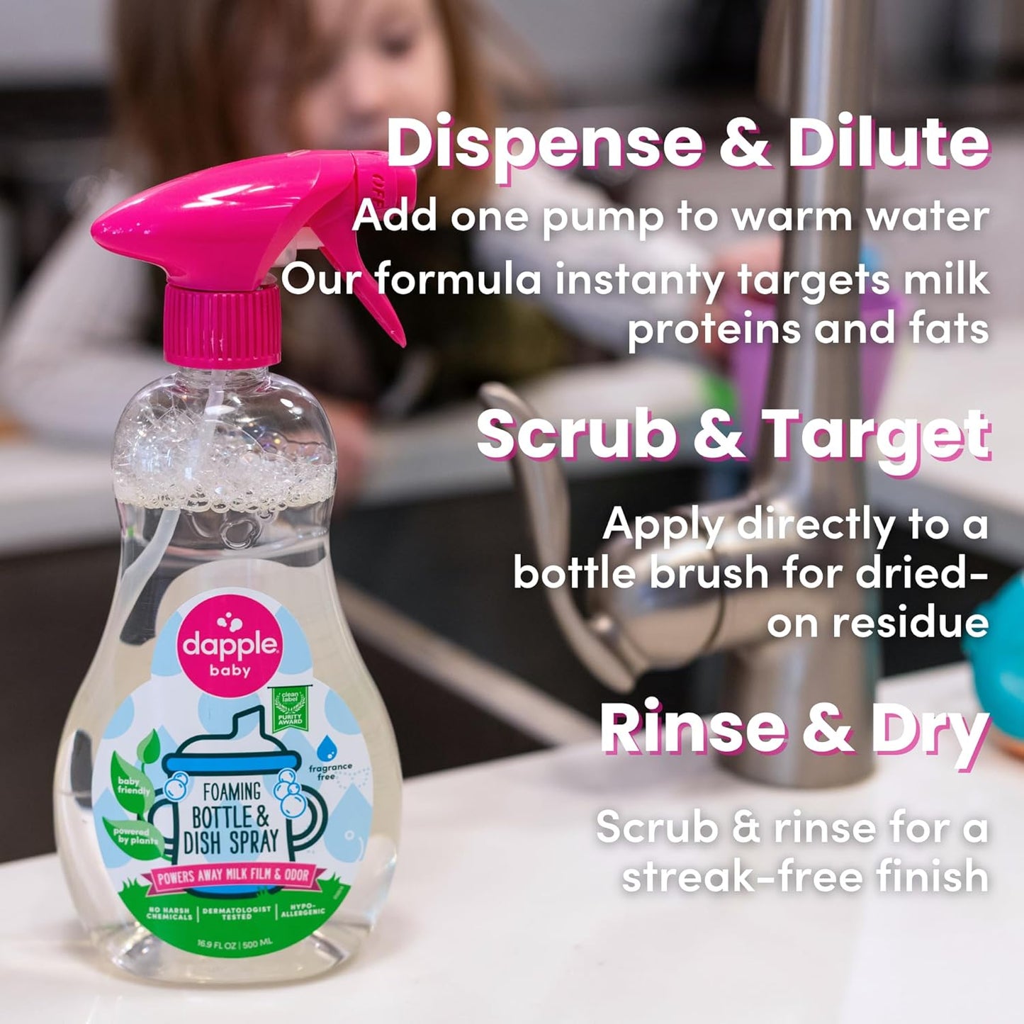Dapple Baby Fragrance-Free Foaming Baby Bottle & Dish Soap - 13 fl oz - Cleans Bottles, Sippy Cups, Pacifiers, Breast Pumps, & More - Gently Removes Milk Film & Odors - Fragrance Free