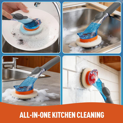 CLEANHOME Dish Wand with Soap Dispenser, Scrubber Brush with 6 Replaceable Magic Tape Sponge Pads for Cleaning Dishes, Kitchen Sink, Pots, Pans, Toilet & Bathtub