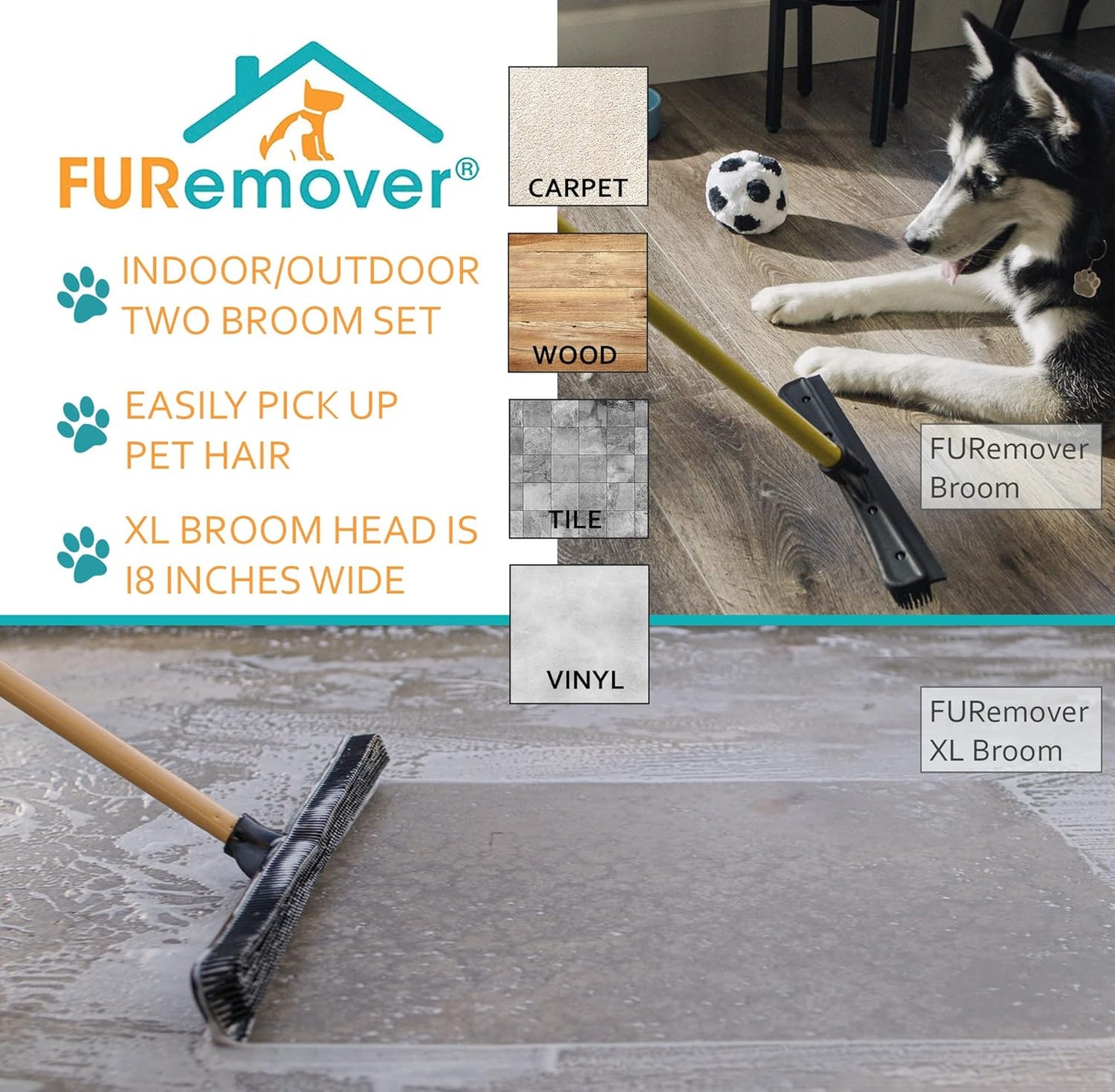 FURemover Pet Hair Removal Rubber Broom, 61" Telescopic Handle