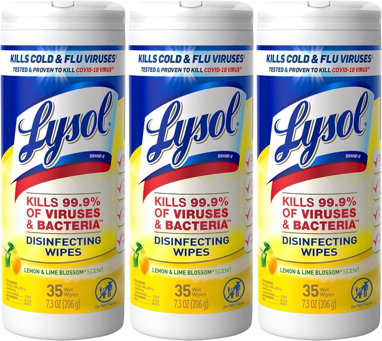 Lysol Disinfectant Wipes, Multi-Surface Antibacterial Cleaning Wipes, Dorm Room Essentials For Disinfecting and Cleaning, Lemon and Lime Blossom, 35 Count (Pack of 3)