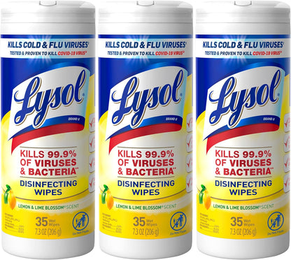 Lysol Disinfectant Wipes, Multi-Surface Antibacterial Cleaning Wipes, Dorm Room Essentials For Disinfecting and Cleaning, Lemon and Lime Blossom, 35 Count (Pack of 3)